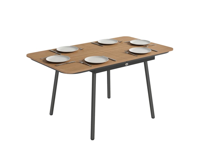  Table de jardin 140 x 80 cm pour 6 personnes, table de repas d'extérieur résistante à la rouille avec plateau en wpc, pieds réglables, teck  - Conforama A