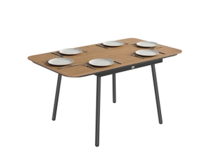 Table de jardin 140 x 80 cm pour 6 personnes, table de repas d'extérieur résistante à la rouille avec plateau en wpc, pieds réglables, teck