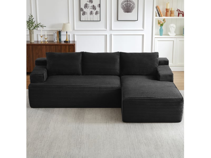  Canapé d'angle modulable 4 places noir en velours côtelé, assise profonde et méridienne à droite  - Conforama B