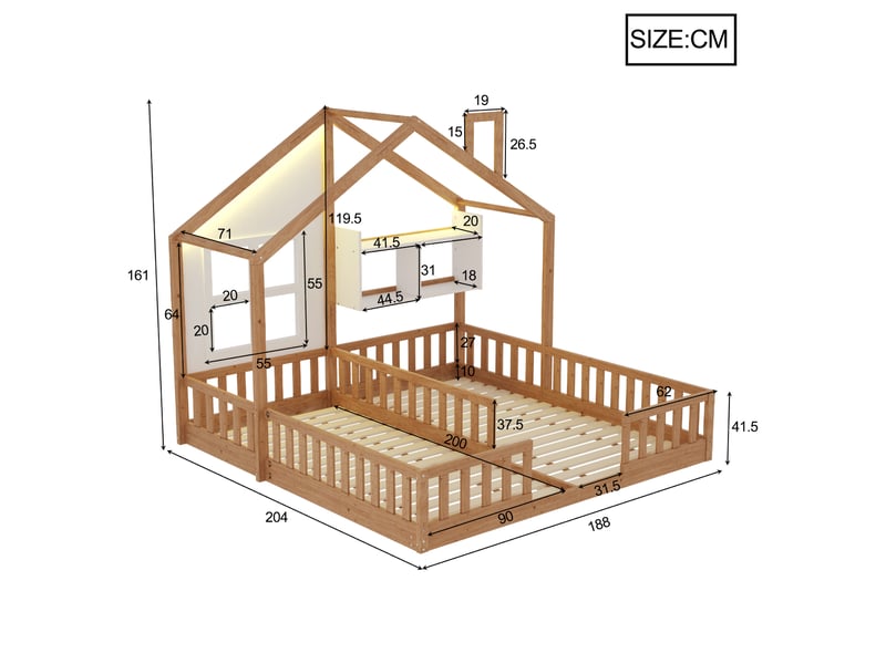  Lit double enfant maison 90x200 cm, barrières de sécurité, rangement, éclairage led, naturel, bois et en mdf, sans matelas  - Conforama C