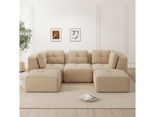 Canapé panoramique en u 3 places modulaire avec assise profonde et dossier enveloppant en velours côtelé beige