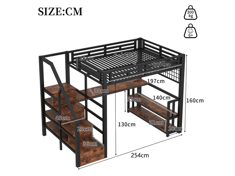  Lit mezzanine enfant 140 x 200 cm avec bureau, rangements et led, noir et blanc  - Conforama C