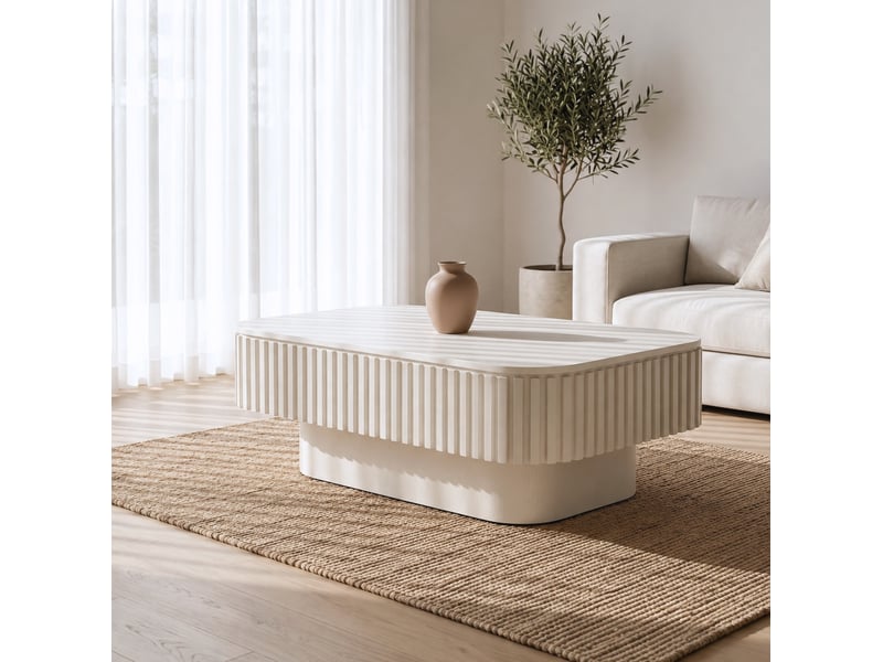 Table basse rectangulaire à rangement caché avec plateau amovible, finition rainurée en mdf crème 98 × 60 × 35 cm - Conforama D