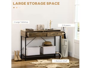 Table console industrielle 100x35x76,5 cm – marron et noir – 2 tiroirs et étagère basse