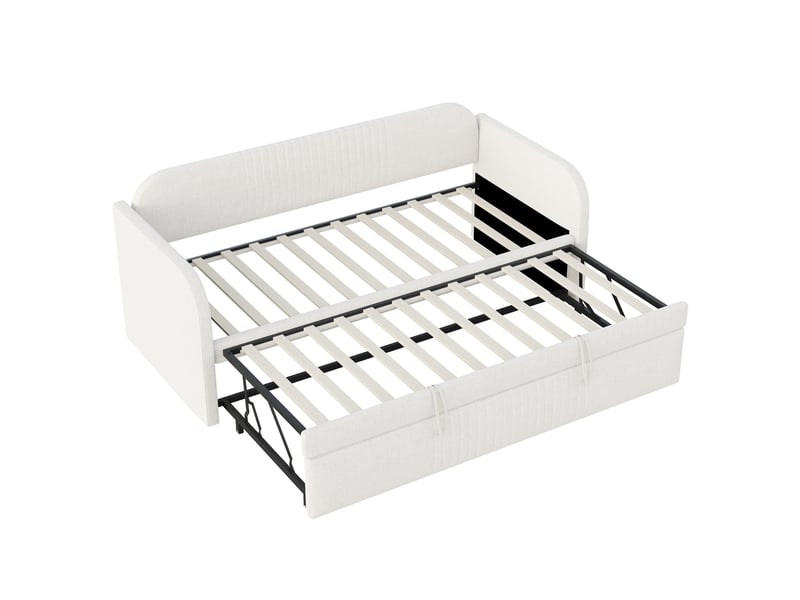  Canapé-lit convertible 90/180x190 cm, rayures verticales, tissu lin beige, sans matelas  - Conforama W