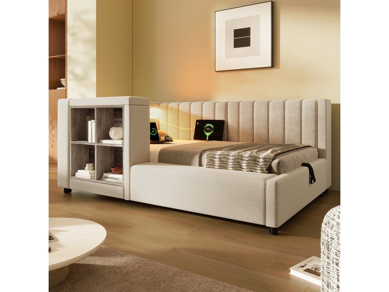  Canapé-lit 90x200cm - avec éclairage led et port de charge usbtype-c - tissu en lin - installation à gauchedroite - beige (matelas non inclus)  - Conforama B