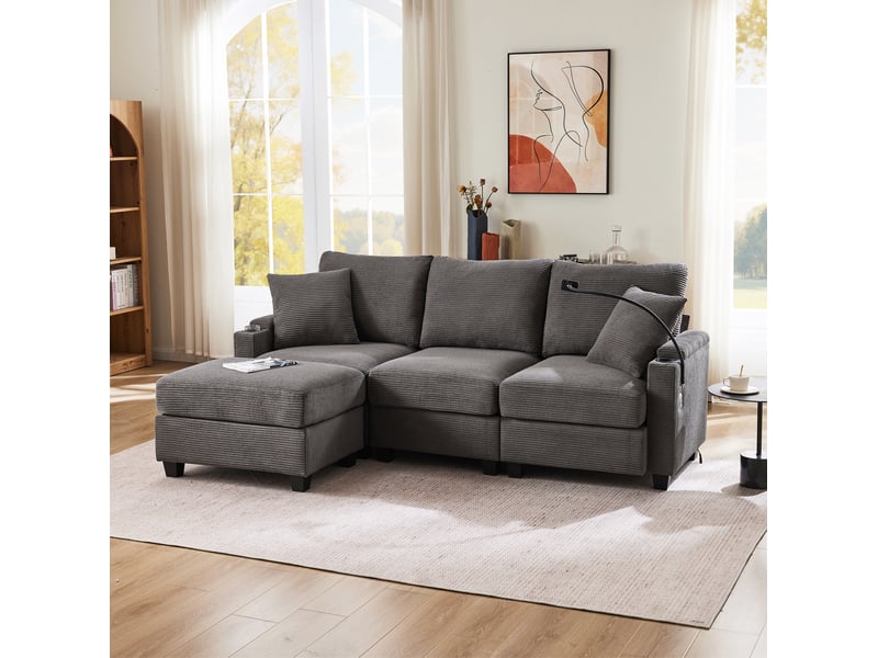  Canapé d'angle modenvie convertible 3 à 4 places avec pouf mobile usb gris foncé 213,5 x 139 cm  - Conforama E