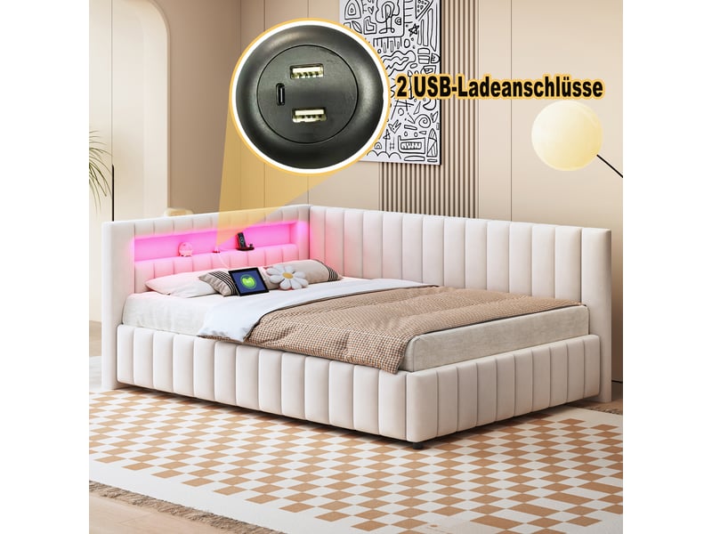  Lit banquette enfant rembourré 140 x 200 cm avec led et usb, velours beige Fay Lum - Conforama E