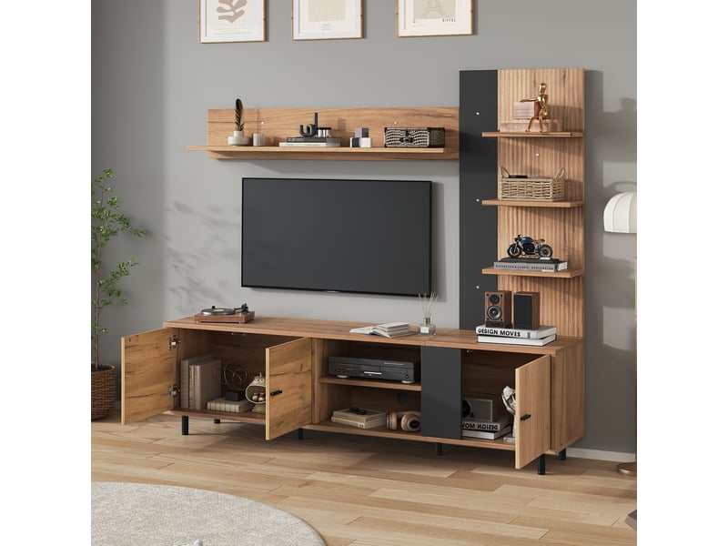  Meuble tv, avec étagères, 187,5 x 40 x 167 cm, en bois, coloris noir, pour salon, solution de rangement fonctionnelle, pour intérieur  - Conforama E