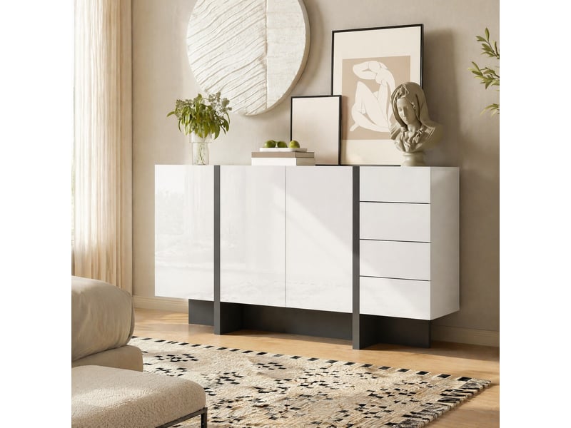 Buffet 2 portes 4 tiroirs avec grande capacité de rangement - lpospi - fermeture douce, finition brillante, mdf blanc et noir 150 × 40 × 80,5 cm - Conforama B