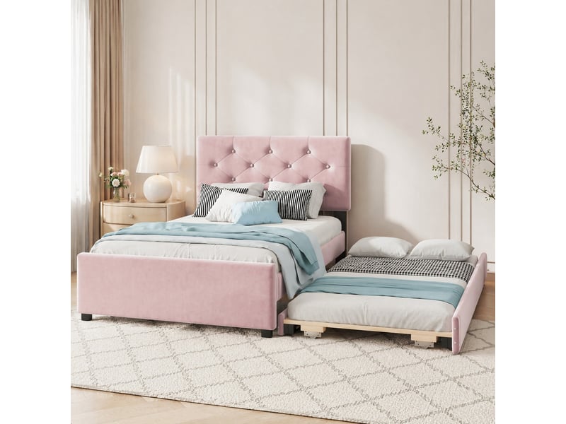 Lit gigogne 90x200 cm avec lit d’appoint coulissant rose  - Conforama C