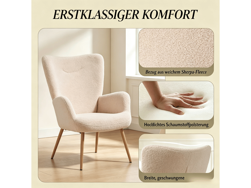 Fauteuil de salon ergonomique avec dossier haut et accoudoirs, rembourré en polyester beige, 71 × 74 × 97,5 cm - Conforama E