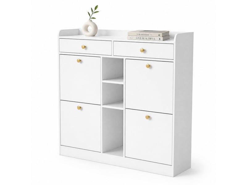  Meuble à chaussures avec 4 portes abattantes, 2 tiroirs et 3 niches 110×26×100 cm blanc  - Conforama A