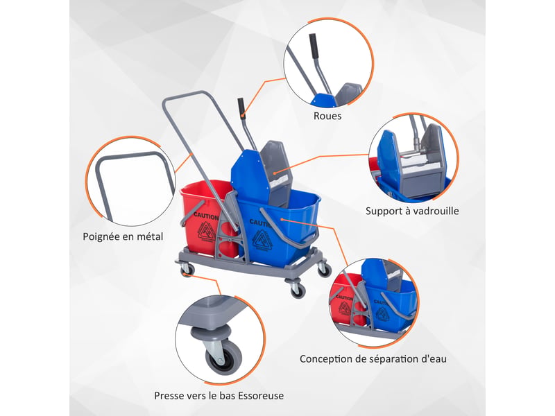  Chariot de lavage chariot de nettoyage professionnel presse à mâchoire 2 seaux 25 l 73l x 45l x 92h cm plastique gris rouge bleu  - Conforama W
