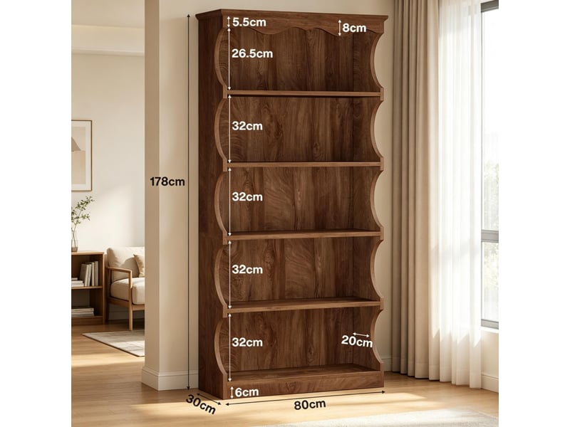  Bibliothèque étagère marron foncé en mdf, 5 niveaux ouverts, design courbé, 80 x 30 x 178 cm pour salon et bureau  - Conforama C
