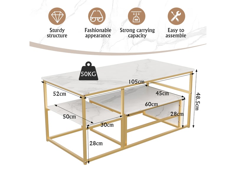  Tables basses – set de 2 tables basses gigognes – plateau marbre blanc – stable et durable –  cadre métal doré –  105+52 cm  - Conforama C
