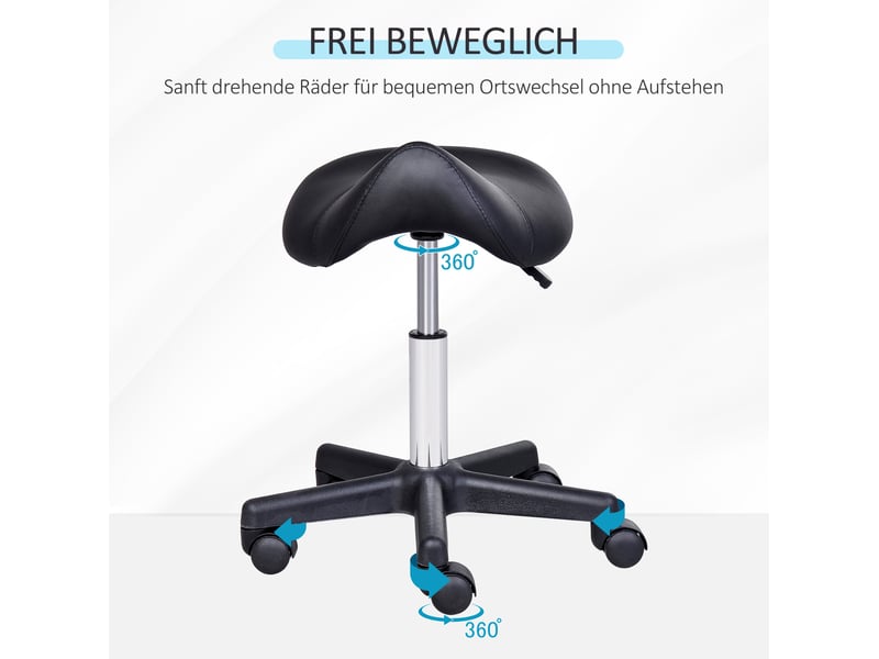  Tabouret pivotant 35x38x43-55 cm réglable en hauteur, roulettes, assise ergonomique en forme de selle, similicuir noir  - Conforama D