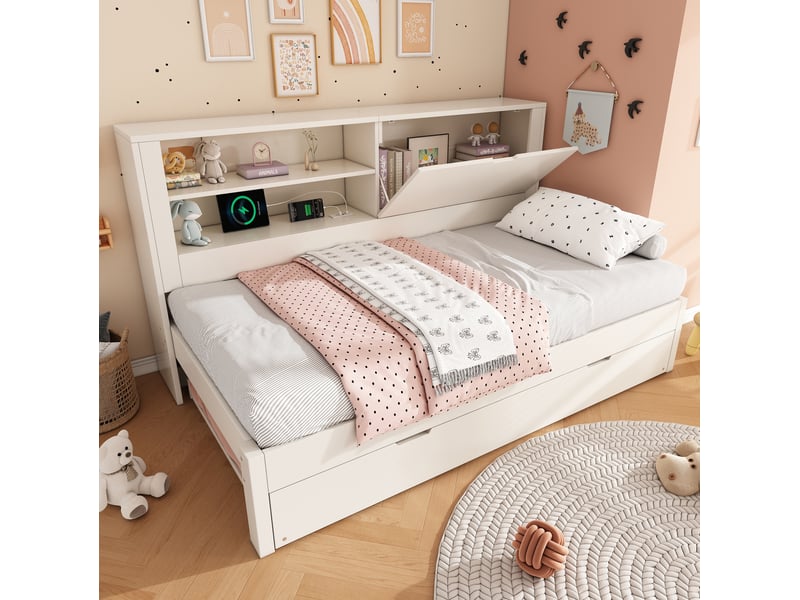  Sofa-lit 90x190 cm avec lit gigogne 90x190 cm, cadre bois blanc avec rangement arrière, niches ouvertes, rangements dissimulés, station de charge usbusb-c, sans matelas ORFRAB30708901W - Conforama E