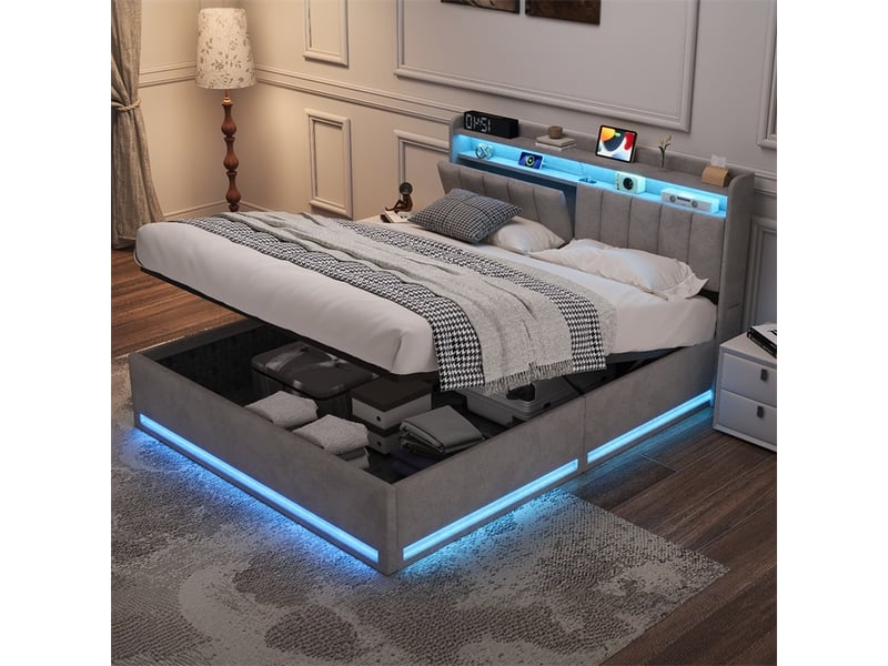  Lit 140x190cm - lit coffre 140x190cm - lit hydraulique avec tête de lit à rangement, led rgb, ports usb et type-c - velours gris  - Conforama B