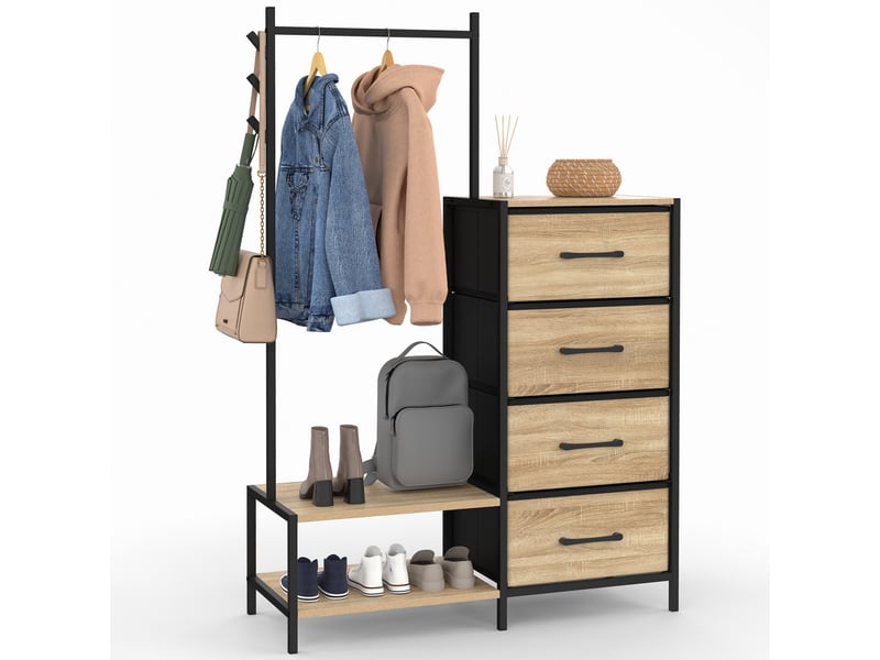  Commode 4 tiroirs en tissu utah 84 cm et penderie avec étagères et patères, design industriel  - Conforama A
