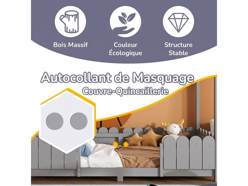  Lit cabane 90x200 enfant bois massif gris avec barrière de sécurité et sommier à lattes  - Conforama R
