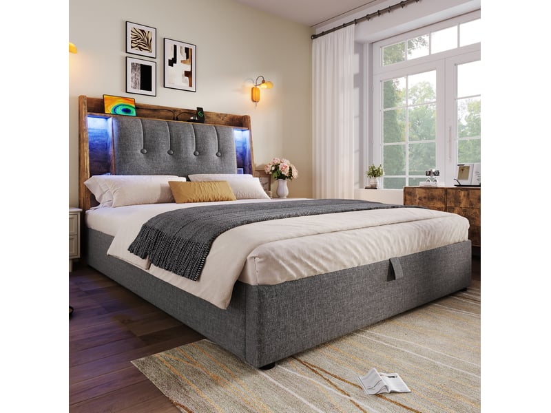  Lit enfant coffre 90 x 200 cm tête rangement pliable led multicolore ports usb‑c linmdf gris sans matelas  - Conforama W