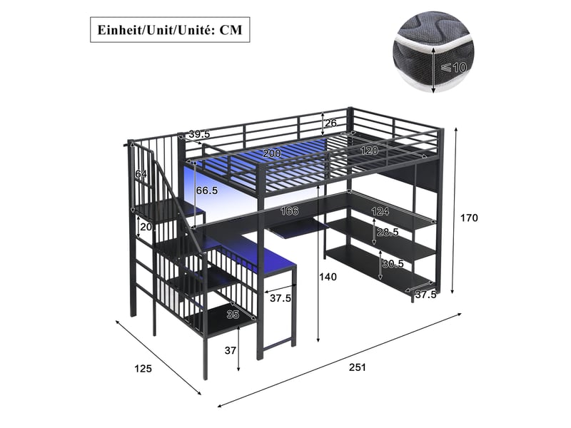 Lit mezzanine gaming 120x200 cm avec bureau en u et led noir - Conforama C