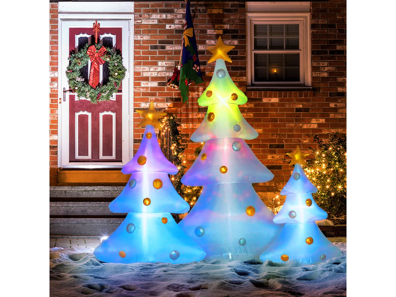  Ensemble de 3 sapins noël gonflables avec souffleur et accessoires fixation, intérieur extérieur, blanc et or  - Conforama D