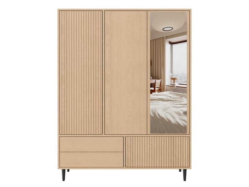  Armoire 200 x 135 x 45 cm avec miroir, 3 portes, 1 penderie, 4 compartiments et 3 tiroirs, grand meuble de rangement moderne pour chambre - finition effet chêne OPULERANE TRADING LTD - Conforama A