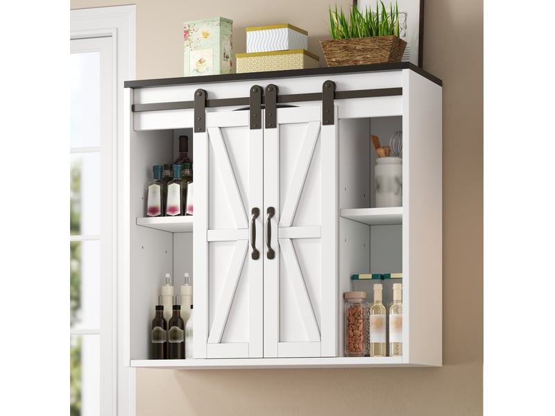  Armoire murale de cuisine avec 2 portes coulissantes et étagères réglables pour rangement, blanche, 80 × 31 × 76 cm  - Conforama E