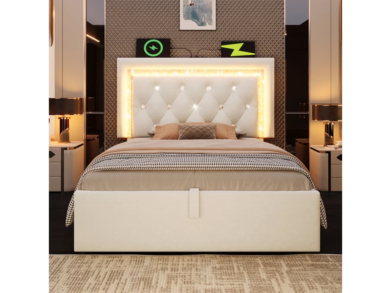  Lit coffre 90x200 cm avec sommier relevable, sans matelas, velours beige  - Conforama R