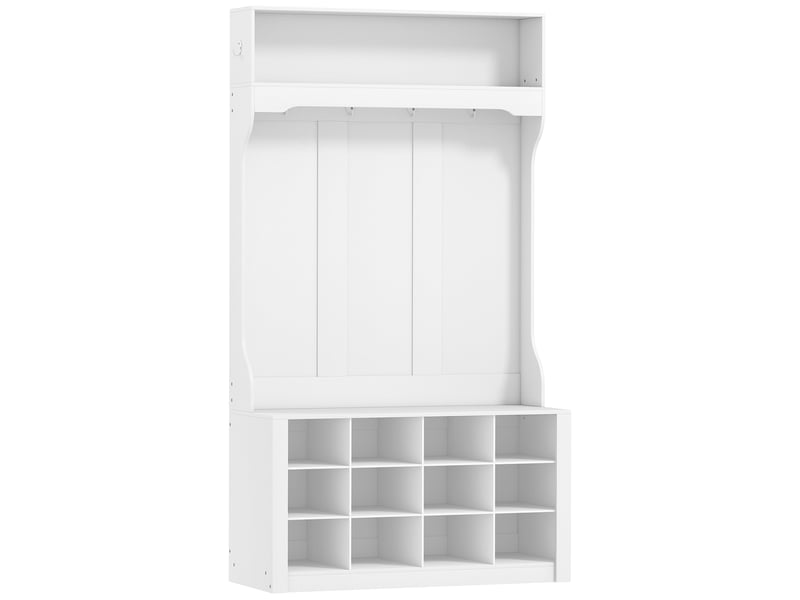  Porte-manteau 4-en-1 avec banc, banc d'entrée avec 12 compartiments à chaussures, blanc, 6 crochets et étagère ouverte  - Conforama B