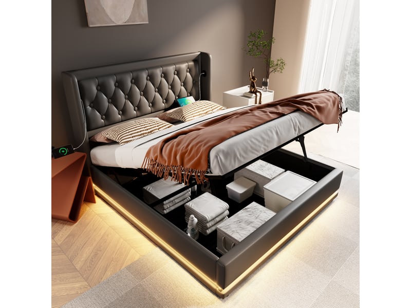  Lit double coffre hydraulique 180 x 200 cm avec led, usb-c et sommier, noir  - Conforama B