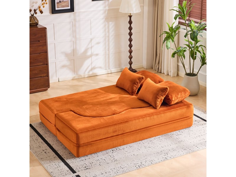 Canapé style moderne couleur orange 4 coussins décoratifs revêtement en flanelle matelas pliant en mousse haute densité confortable - Conforama B