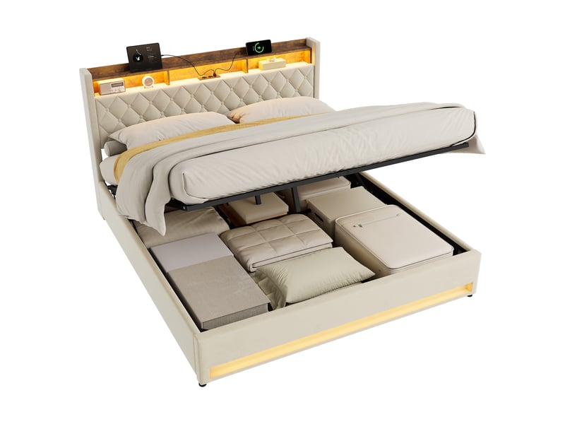  Lit coffre adulte 180x200 cm rembourré, revêtement en velours résistant aux taches, structure en mdf et fer, beige  - Conforama A