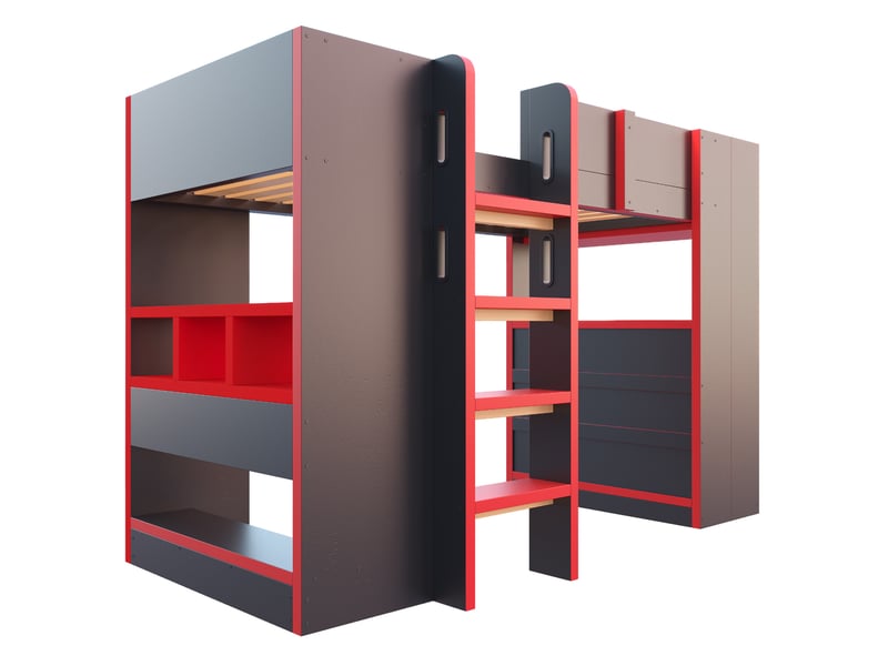 Lit mezzanine 90x200 cm avec bureau, rangements, led et prises, noir et rouge, sans matelas - Conforama D