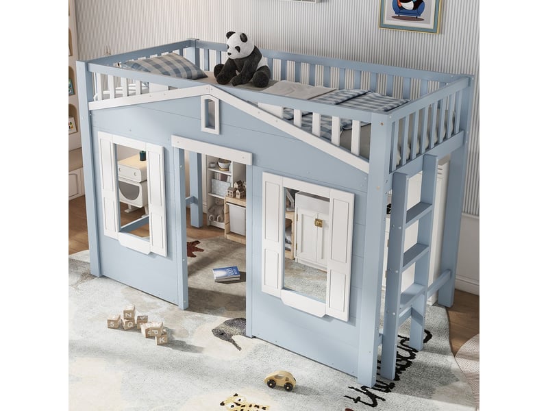  Lit mezzanine90x200 - en pin avec grand espace de jeu, lit cabane enfant - fenêtres et échelle réversible - sommier à lattes - bleu  - Conforama B