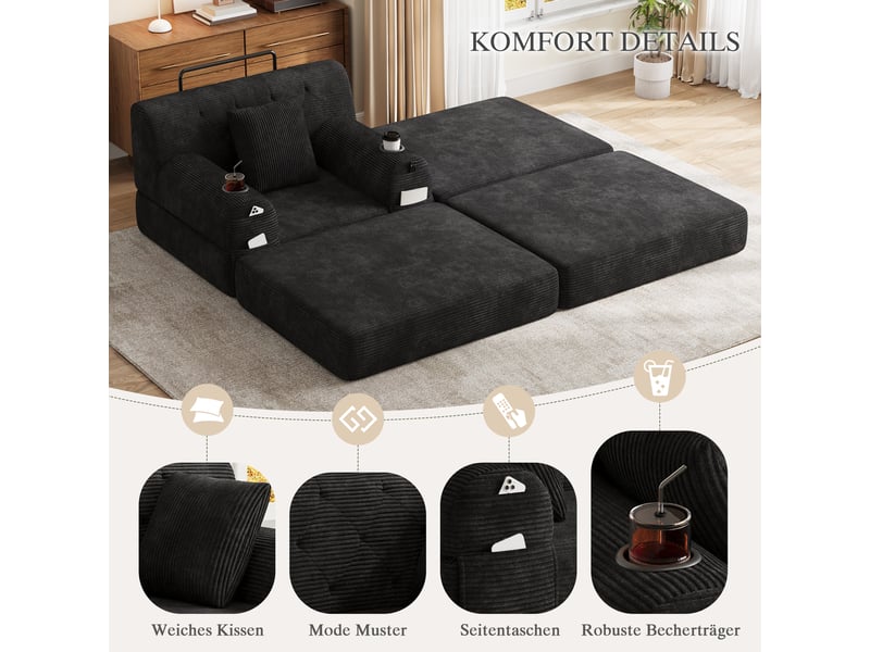  Fauteuil-lit convertible 1 place - fonction couchage - velours côtelé noir - dossier haut - mousse haute densité 107x162x81cm - Conforama E