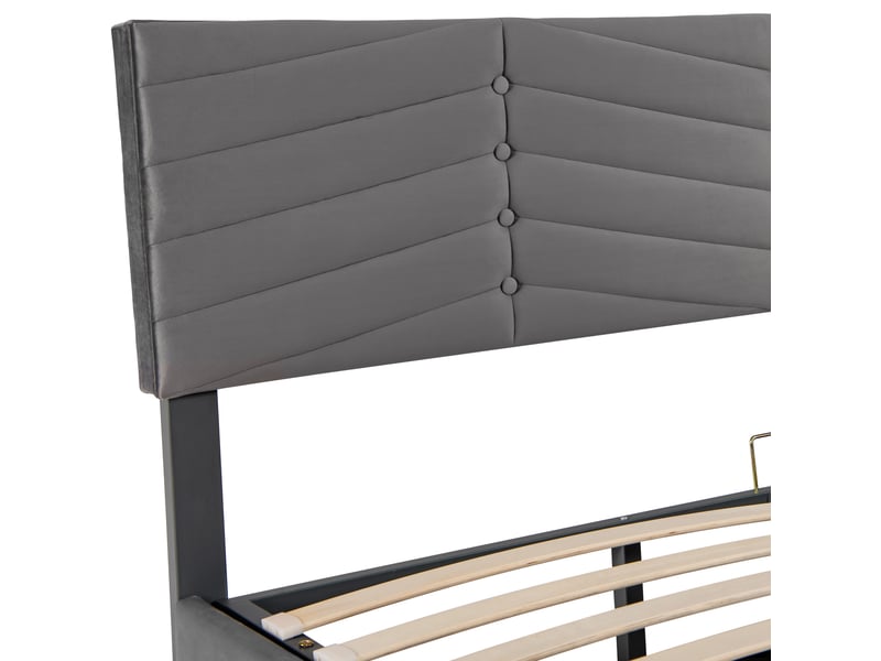  Lit coffre double 160 x 200 cm avec tête de lit réglable et sommier relevable, revêtement en velours à lignes verticales, velours, gris Morn Vibe - Conforama E