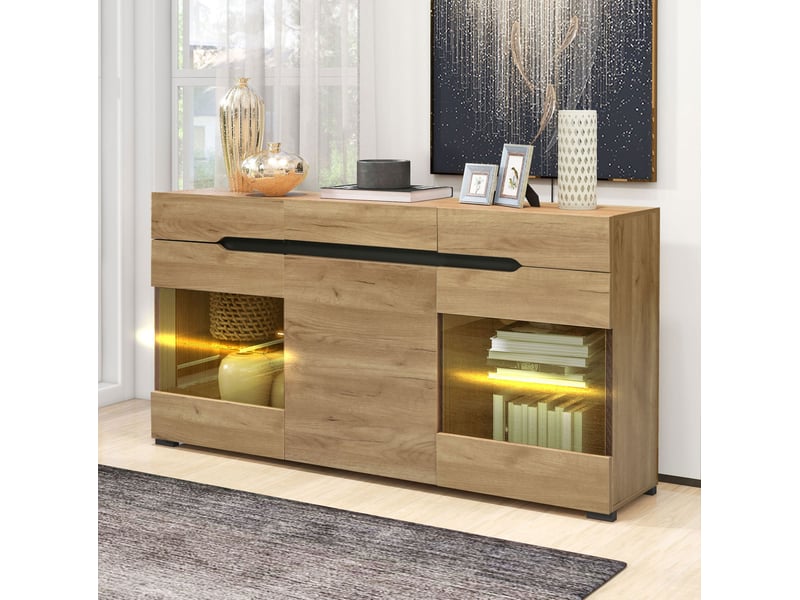 Buffet bas moderne avec led – chêne clair – 3 portes, 3 tiroirs – 140 x 35 x 80 cm - Conforama B