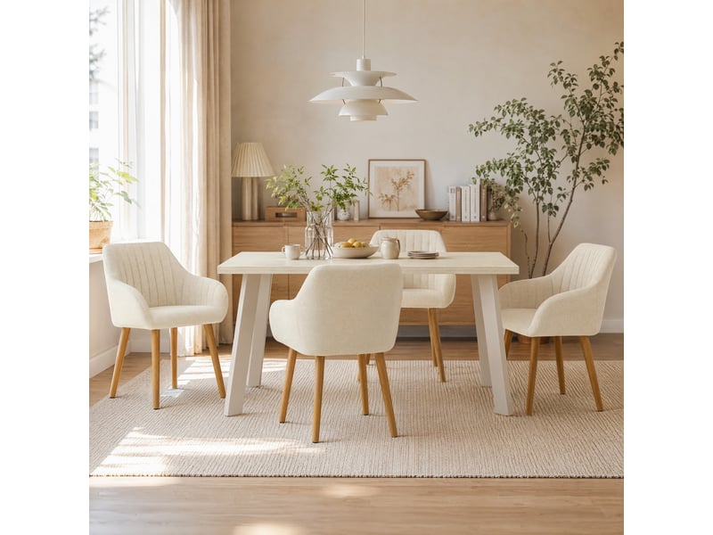 Ensemble table et 4 chaises - table rectangulaire 160x80 cm monobloc en travertin et pieds métal, 4 chaises en chenille crème et pieds bois - Conforama B
