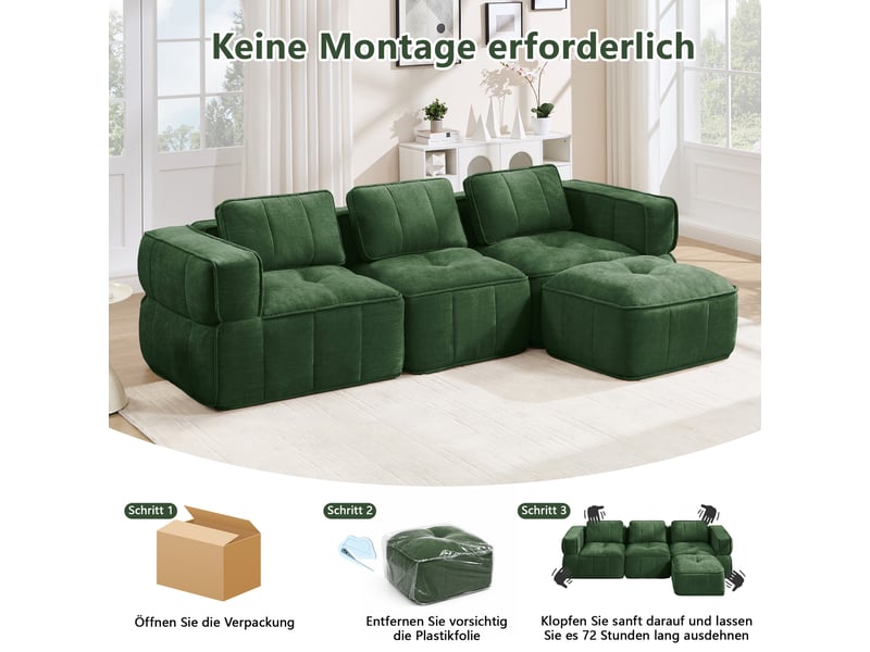  Canapé modulable d’angle en l 3 places en polyester vert, 271 x 162 x 67 cm, sans montage, mousse haute densité 32d, assise profonde, avec pouf Luxe haut de gamme - Conforama D