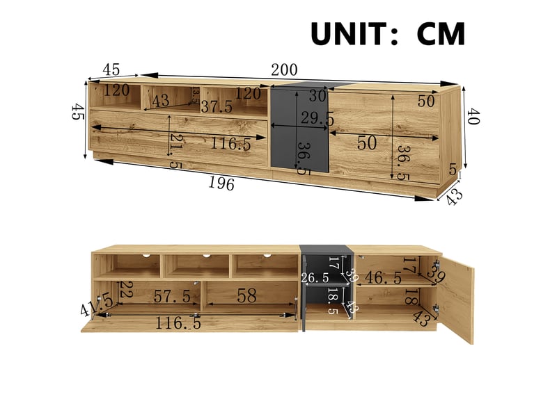  Meuble tv 200 cm design épuré, contraste net, compartiments ouverts et passe-câbles, style moderne  - Conforama C