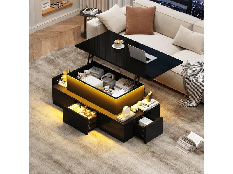 Table basse relevable noire avec rangement, 4 tiroirs, led, 100 x 50 cm, finition brillante - Conforama B