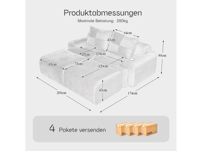 Modular sofa for 2 people (with 2 footstools), freely combinable, including cupholder and side storage pocket, ideal for living room, family room and other rooms - Conforama E