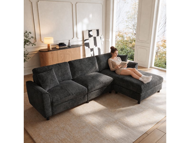  Canapé d'angle l 3 places 256x137x79 cm en chenille avec méridienne réversible 90 cm, assises confortables, canapé modulable moderne - gris  - Conforama D