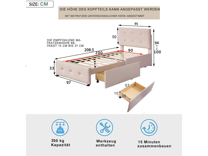  Lit enfant 90x200 cm avec 2 tiroirs, tête de lit réglable et sommier, velours, beige foncé, sans matelas  - Conforama C