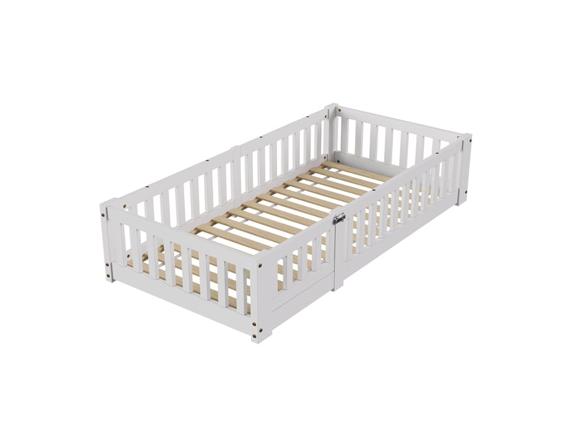  Lit enfant lit au sol 90x190 cm avec sommier, lit simple, avec barrières de sécurité et porte amovible, structure en bois, blanc  - Conforama A