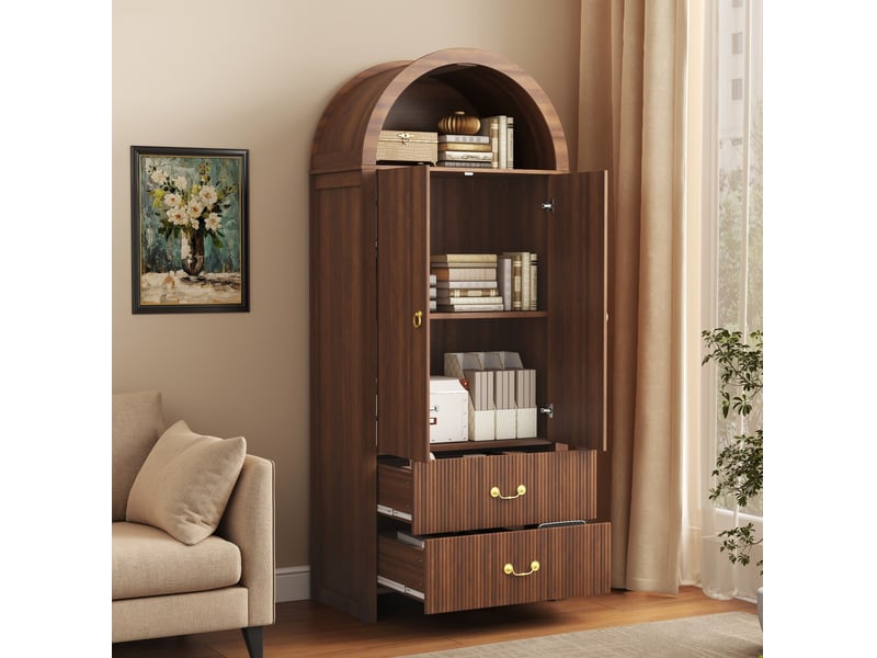  Buffet 76x38x180 cm, niche ouverte en arc, led, 2 portes et 2 tiroirs, mdf et panneau de particules, coloris noyer  - Conforama B