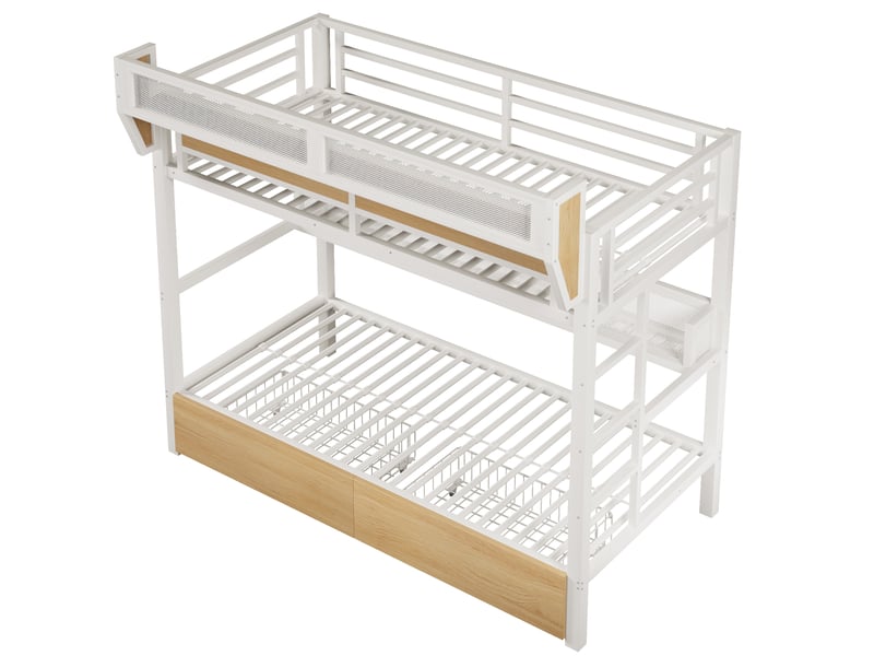  Lit superposé enfant 90x200 cm – blanc – métal et mdf, led, 2 tiroirs, rangements intégrés sans matelas  - Conforama D